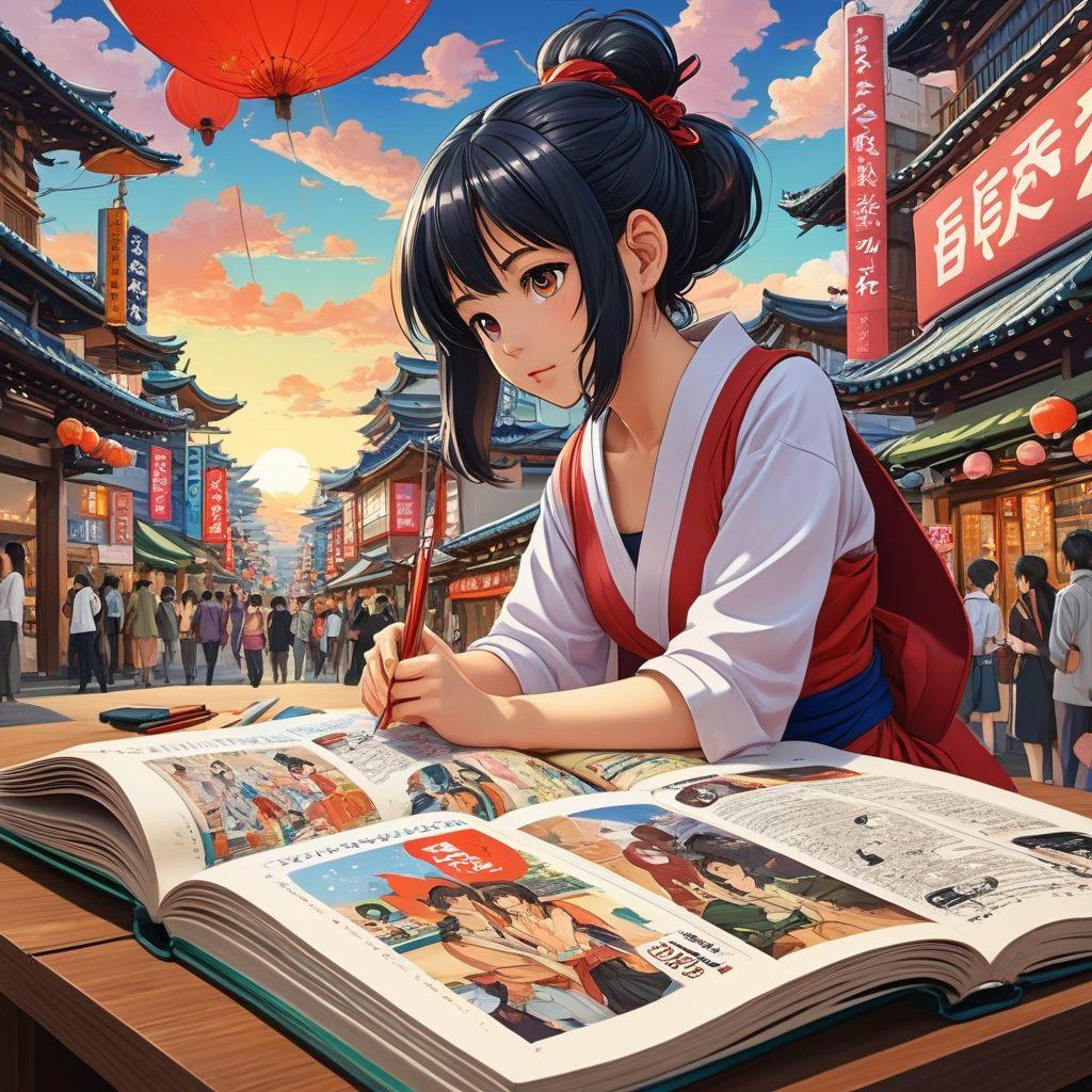 A vibrant, dynamic illustration of a bustling Hentai culture scene, featuring an open manga book displaying intricate adult artworks, surrounded by a diverse group of animated characters engaging in lively discussion. Incorporate symbols of community connection, like speech bubbles filled with art supplies. Add a background of stylized Japanese cityscapes intermingled with elements of traditional Japanese art, all infused with vivid colors and playful energy. anime-inspired, vibrant colors, high detail.
