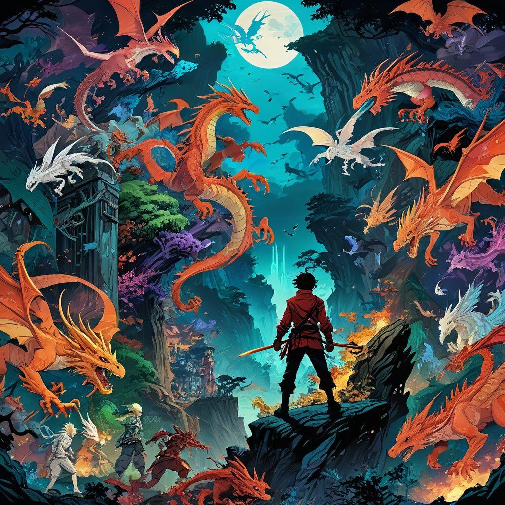 A visually stunning collage showcasing the evolution from graphic novels to video games, featuring iconic anime characters in captivating action poses. The background transitions from the detailed panels of a graphic novel on one side to an immersive, dynamic gaming environment on the other, infused with fantasy elements. Include vibrant colors and a mix of both traditional and modern anime art styles. super-realistic. vibrant colors. cinematic atmosphere.